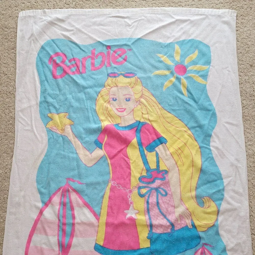 Vintage Y2K Mattel Barbie Beach Bath Towel Summer 2000 Boat Fish 90s Retro 28x52